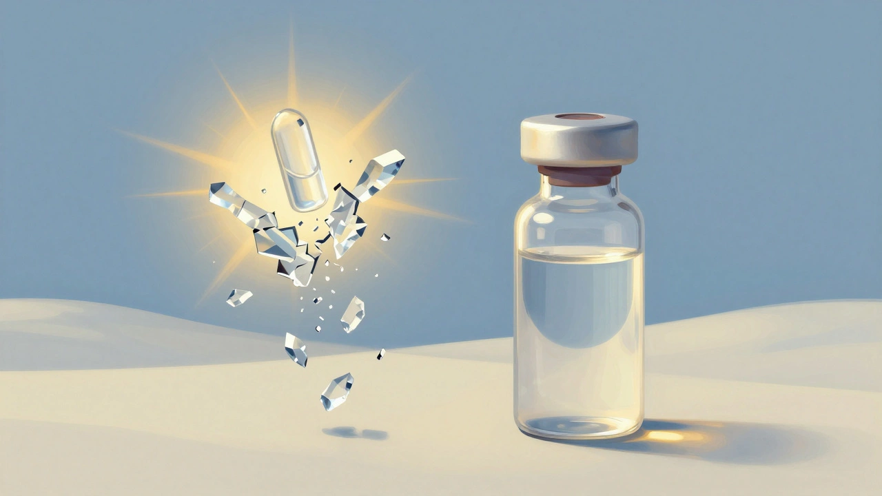 Frasco de insulina roto con cristales flotando junto a uno intacto, en escena onírica de luz suave.