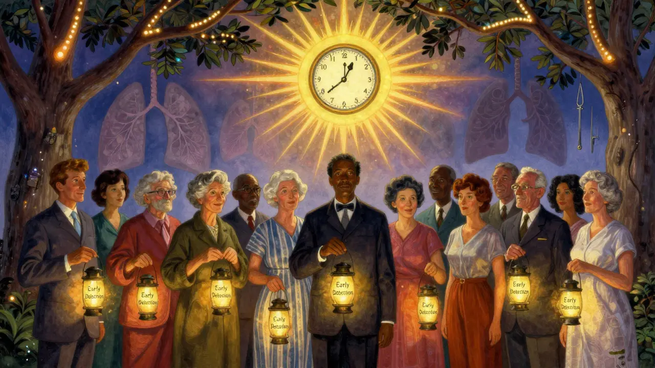 Grupo diverso sosteniendo linternas de detección temprana bajo ramas que forman vías respiratorias, bajo una luz celestial.