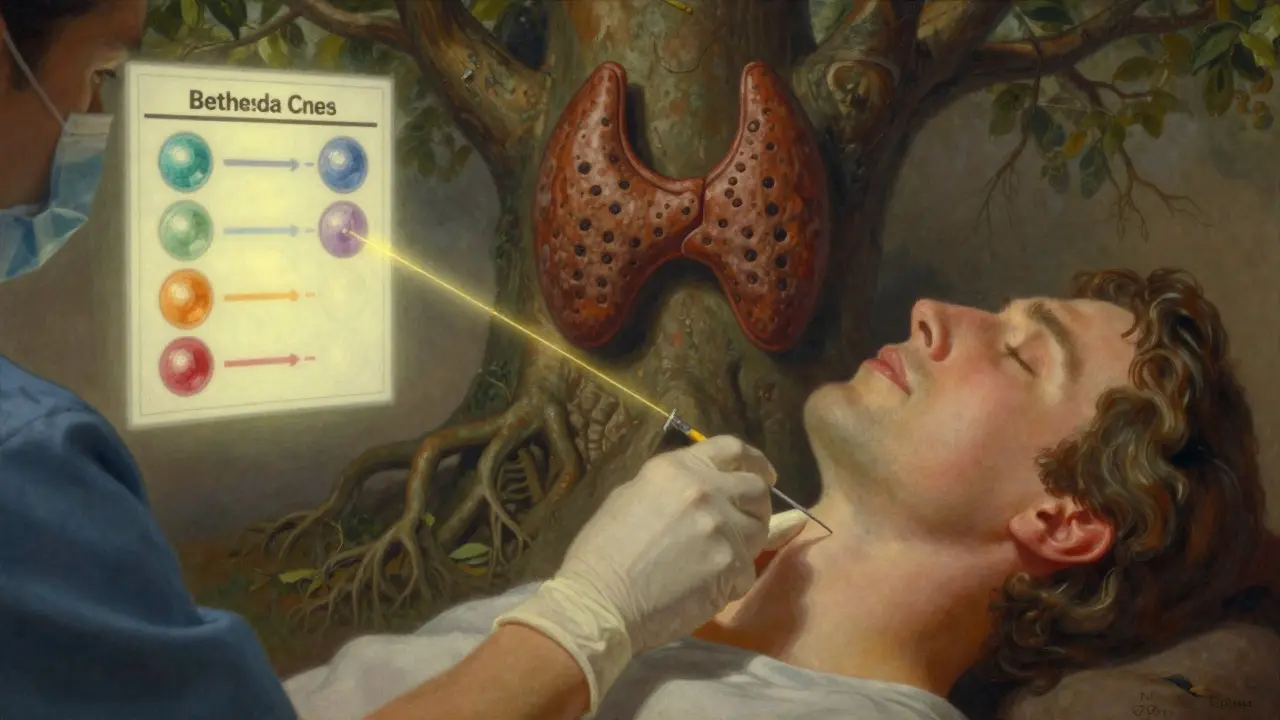 Médico realizando una biopsia en el cuello, con patrones de luz suave y un chart flotante de clasificación Bethesda en estilo artístico.