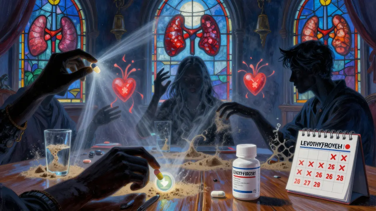 Mercado en línea secreto con píldoras peligrosas y efectos secundarios simbólicos en la oscuridad.