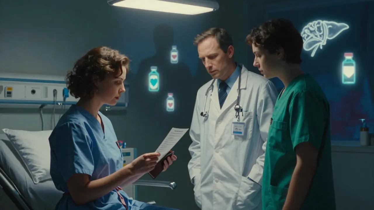 Mujer en sala de urgencias entregando lista de medicamentos a personal médico.