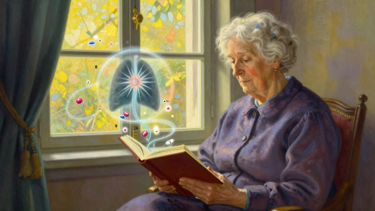 Mujer mayor anotando síntomas mientras líneas temporales flotantes muestran reacciones medicamentosas.