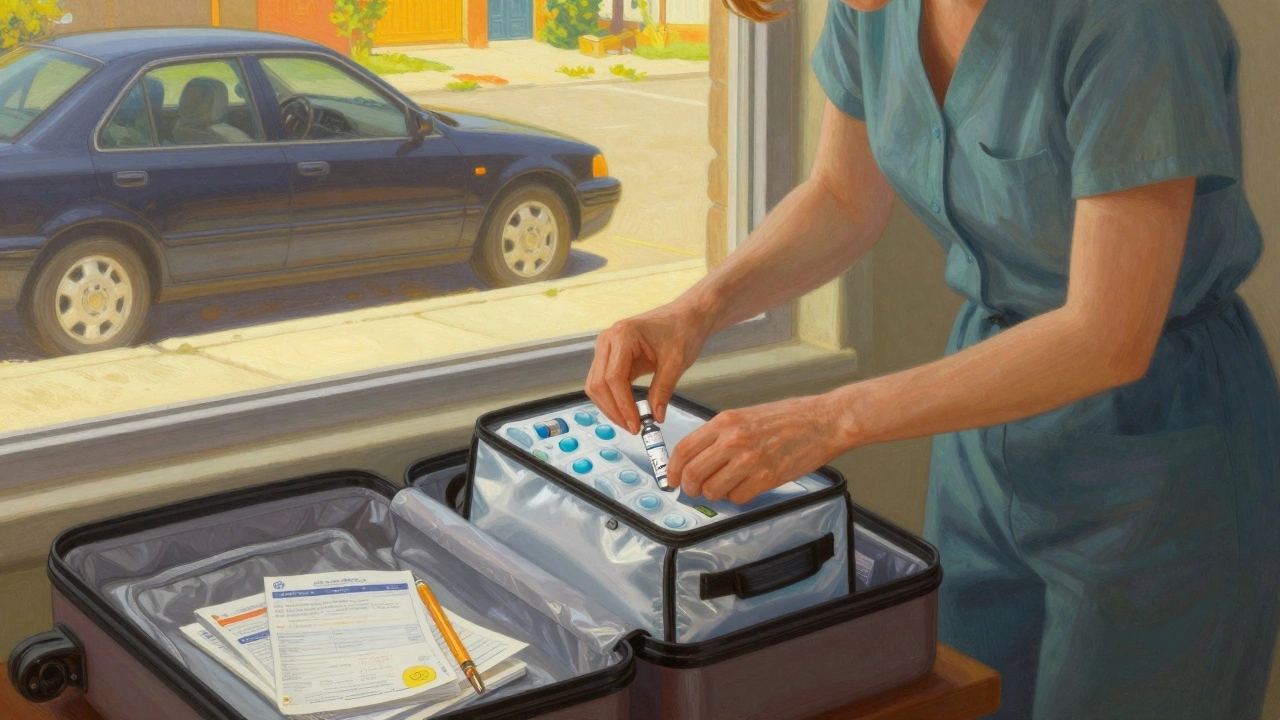 Mujer preparando medicamentos refrigerados en bolsa isotérmica para viaje, con coche al sol al fondo.