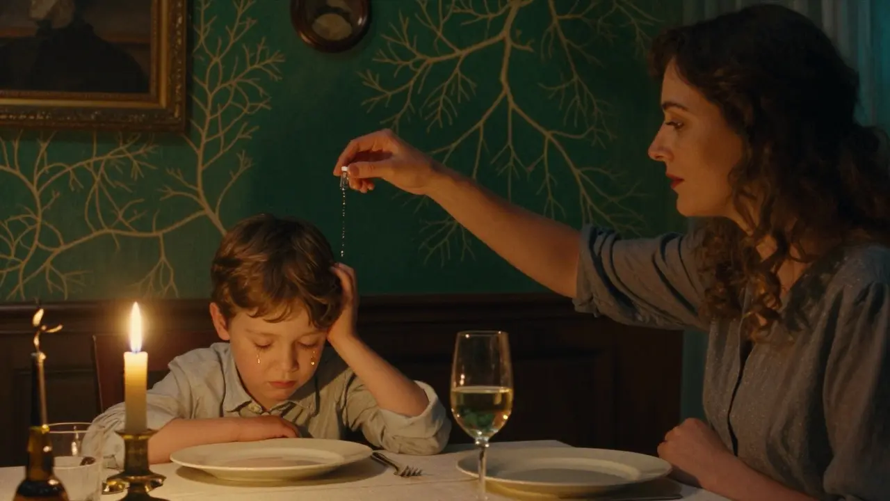 Niño en la cena con lágrima dorada, madre alcanzando un hilo de hipocretina que fluye hacia una vasija, iluminación cálida y detallada.