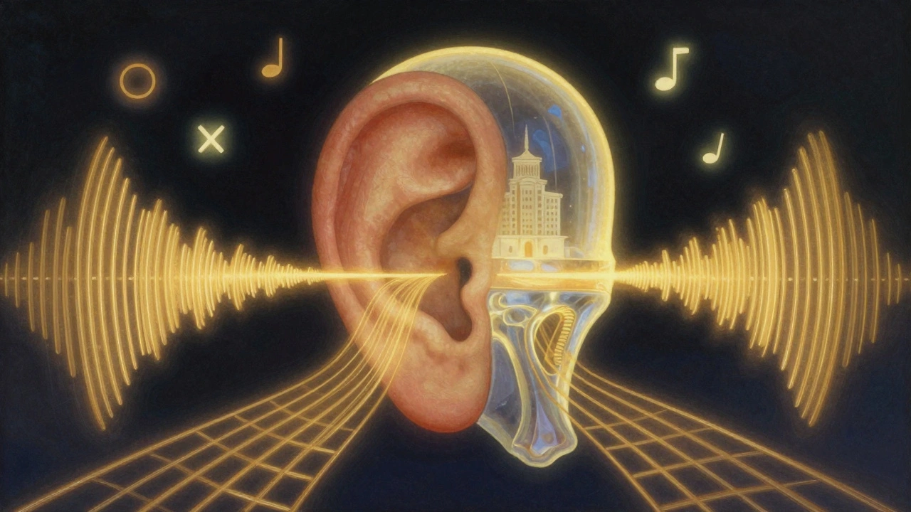 Oído humano ilustrado como una cúpula luminosa con ondas de sonido en conducción aérea y ósea, en estilo Maxfield Parrish.