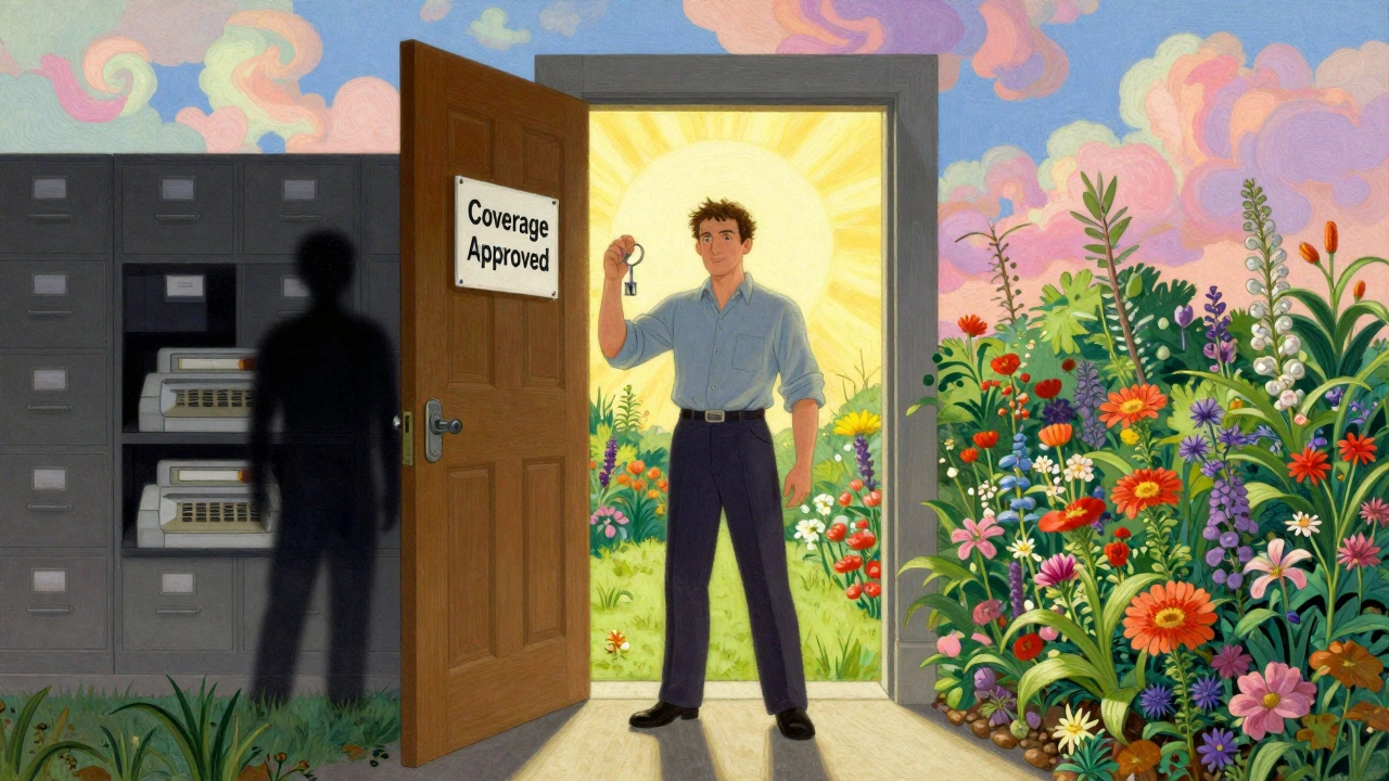 Paciente abre una puerta hacia un jardín medicinal, dejando atrás una burocracia que se desvanece.