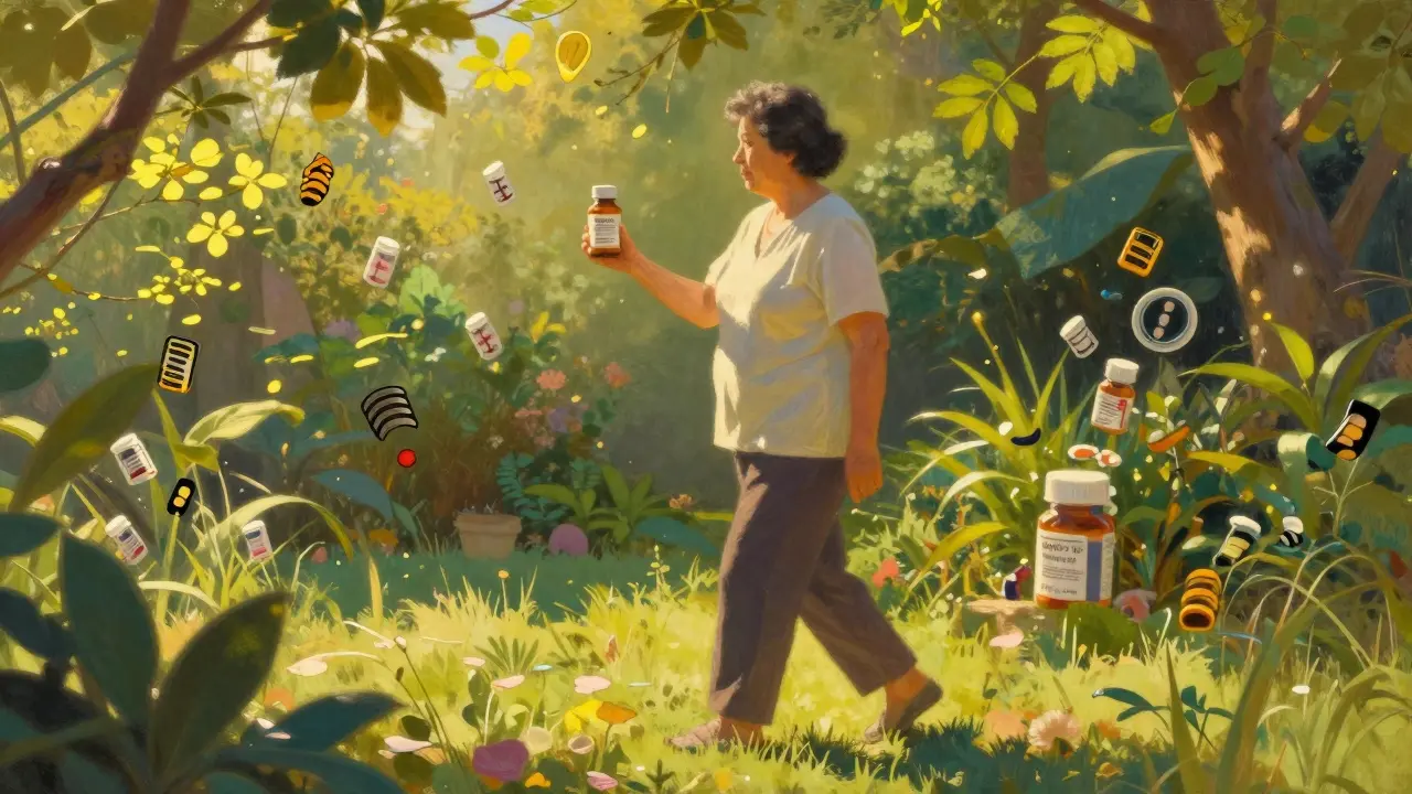 Paciente caminando en jardín con pastilla SGLT2, símbolos de calorías desapareciendo, luz dorada cálida.