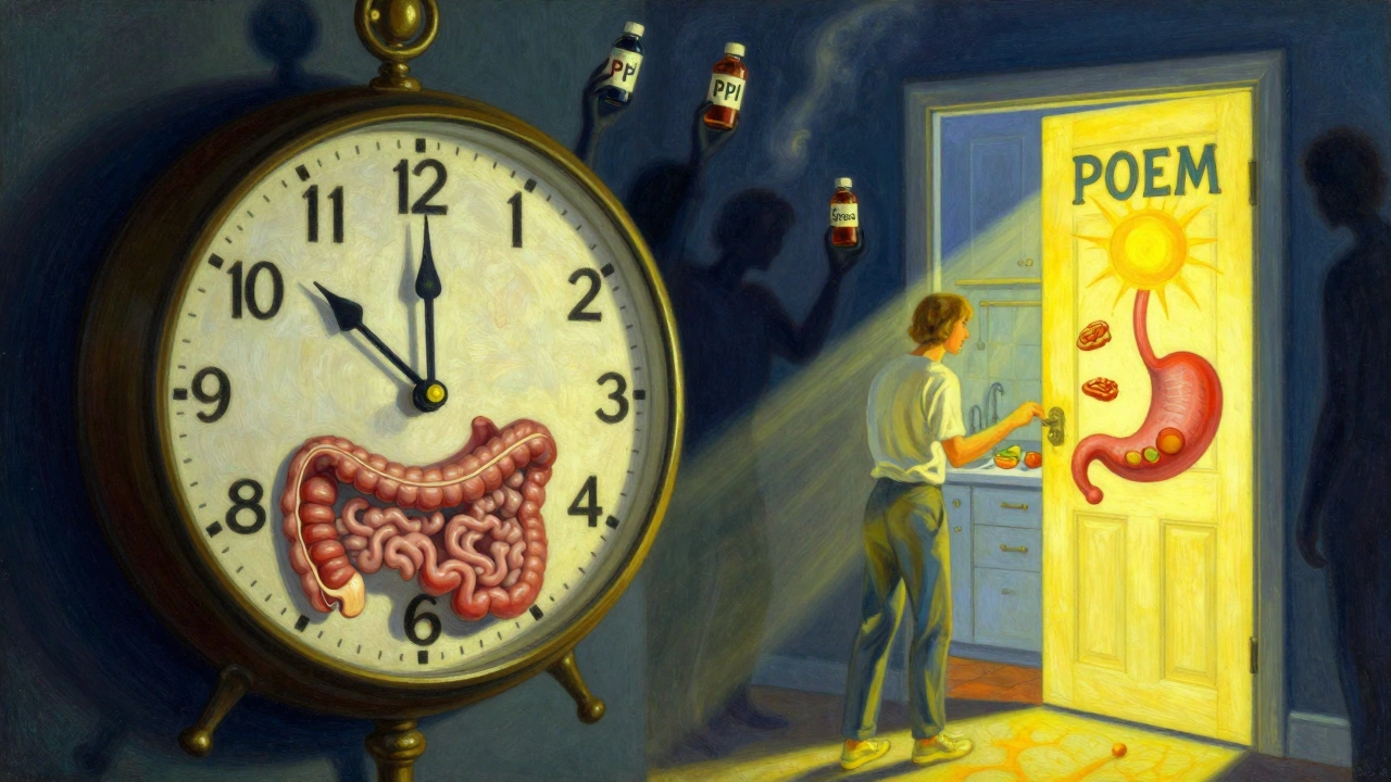 Paciente frente a un reloj roto con músculos del esófago como manecillas, mientras una puerta luminosa lleva a una cocina.