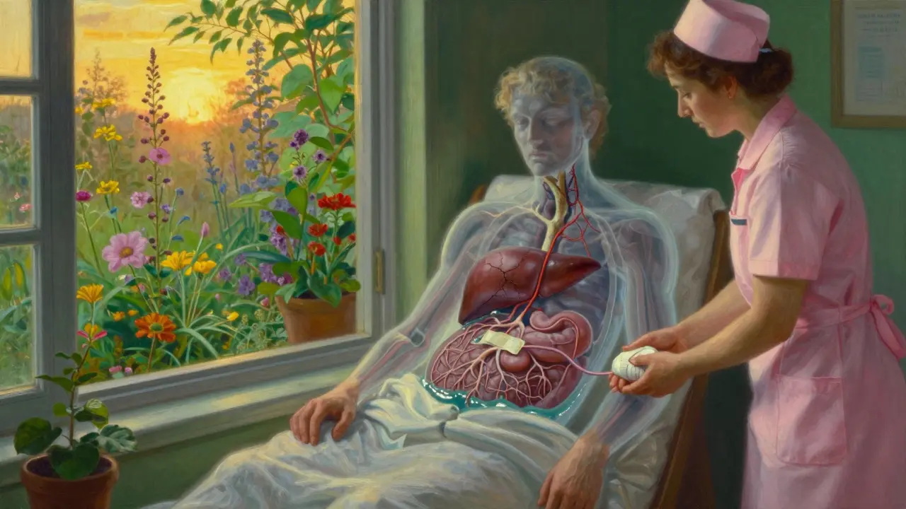 Paciente transparente con hígado dañado y venas dilatadas, rodeado de hierbas medicinales bajo luz de amanecer.