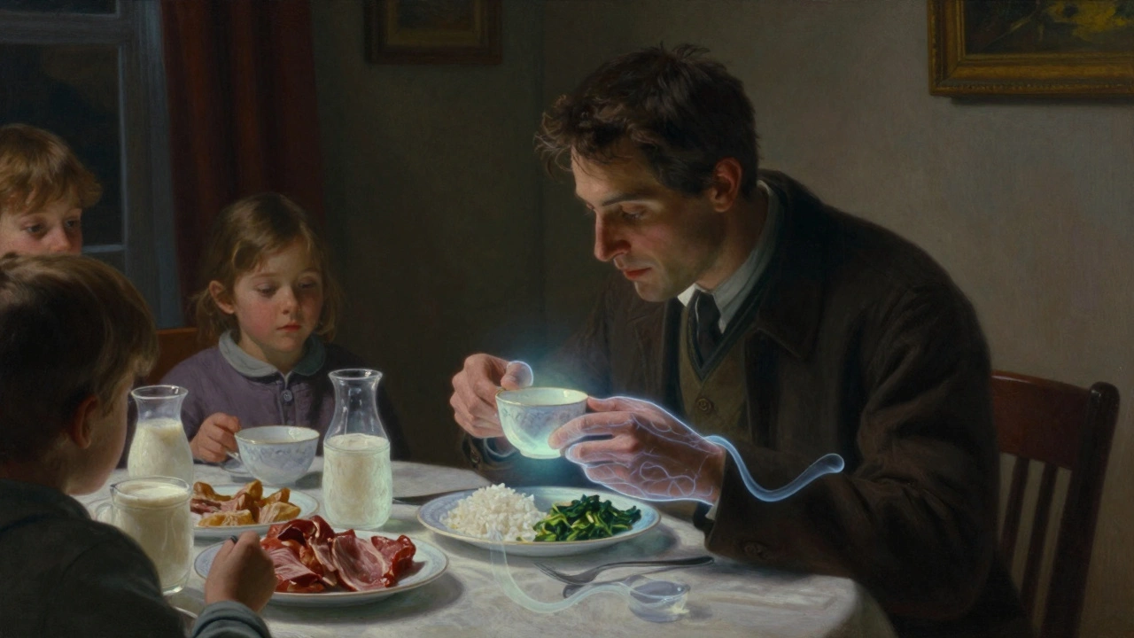 Persona aislada en cena familiar, comiendo sin proteínas, mientras cadenas de aminoácidos flotan como barreras alrededor de su plato.