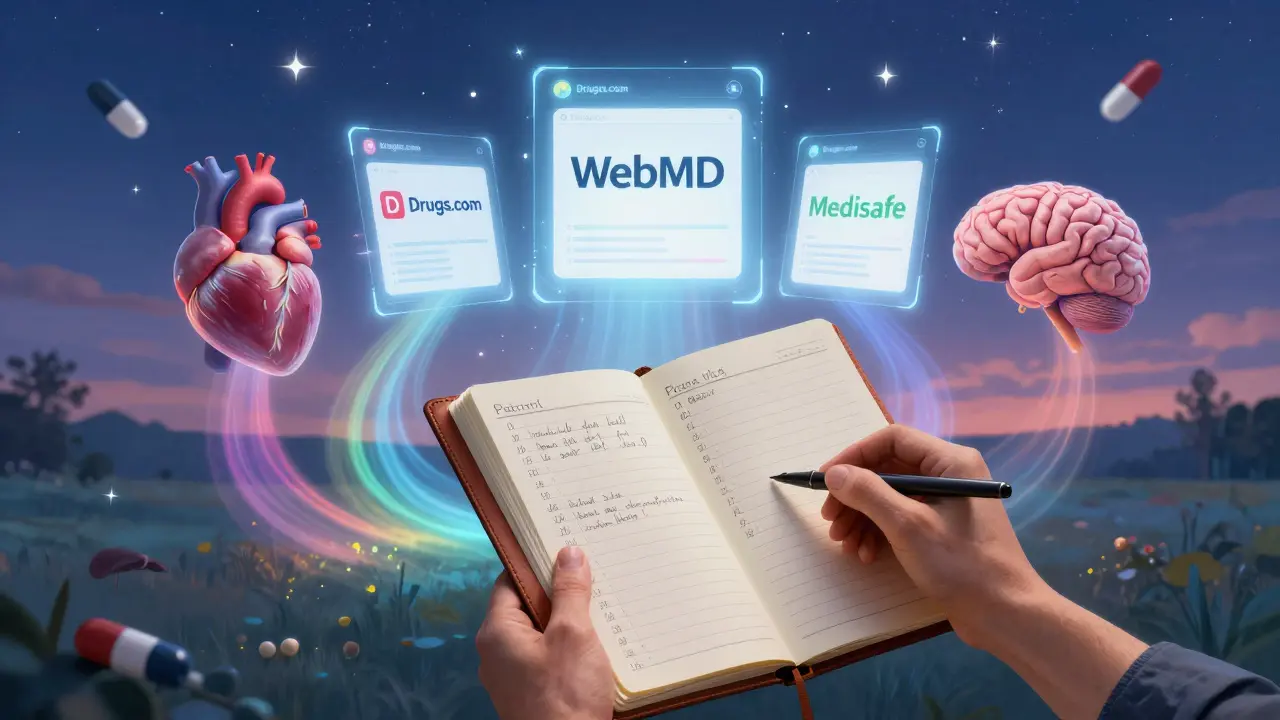 Persona con lista de medicamentos frente a una puerta mágica que muestra apps de revisión médica.