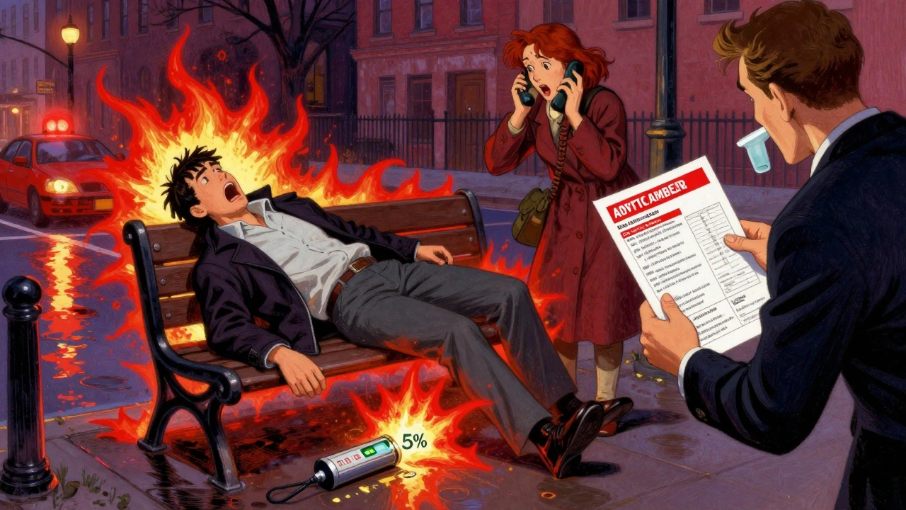 Persona en emergencia en la calle con medidor en zona roja, luz roja y alguien llamando a ayuda.