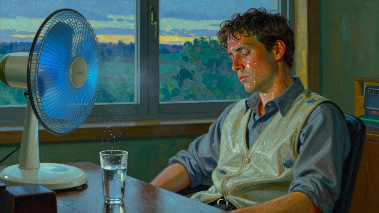 Persona en oficina con chaleco refrigerante y luz de ventilador iluminando su rostro cansado.