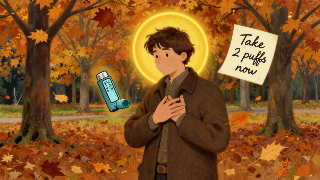 Persona en un parque con un medidor de flujo pico en zona amarilla, rodeada de hojas y un inhalador flotante.