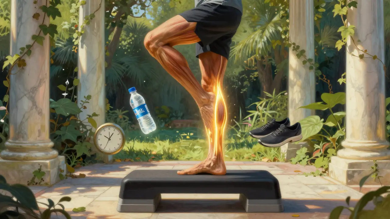 Persona realizando ejercicios excéntricos con energía dorada siguiendo el tendón de Aquiles en un jardín surrealista.