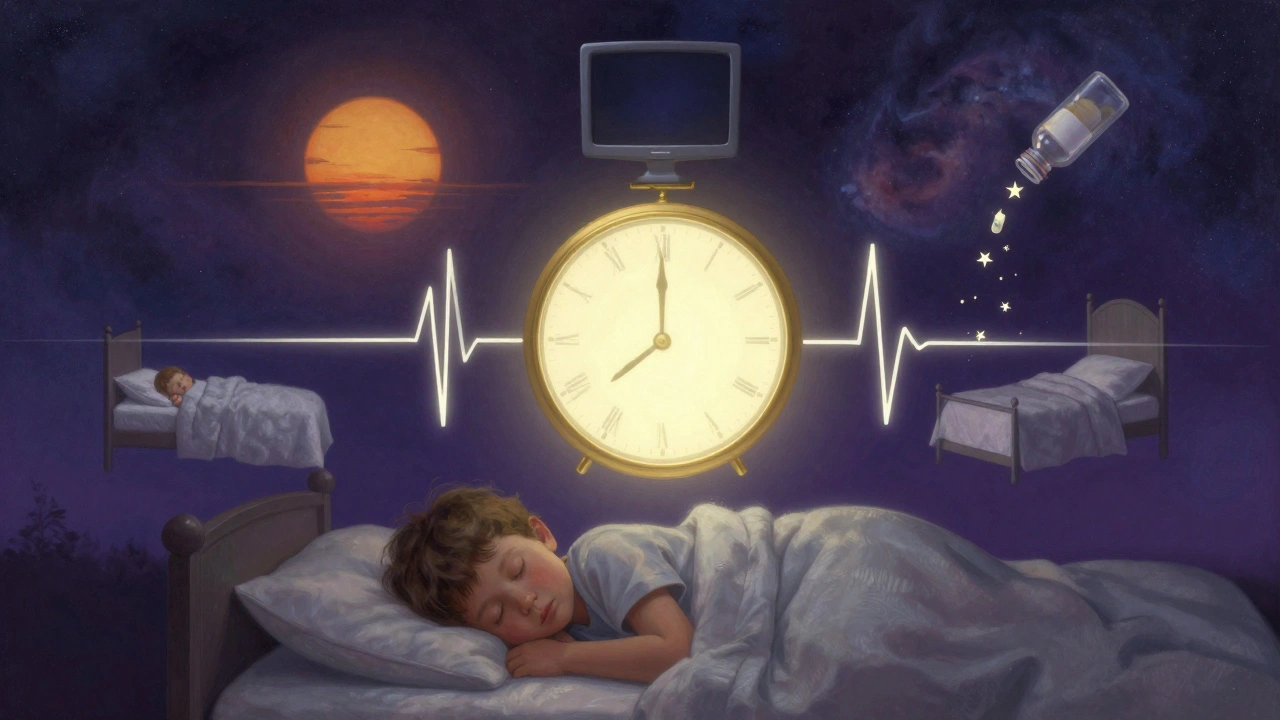 Reloj dorado simbolizando el reloj biológico rodeado de elementos del sueño natural y melatonina disolviéndose.