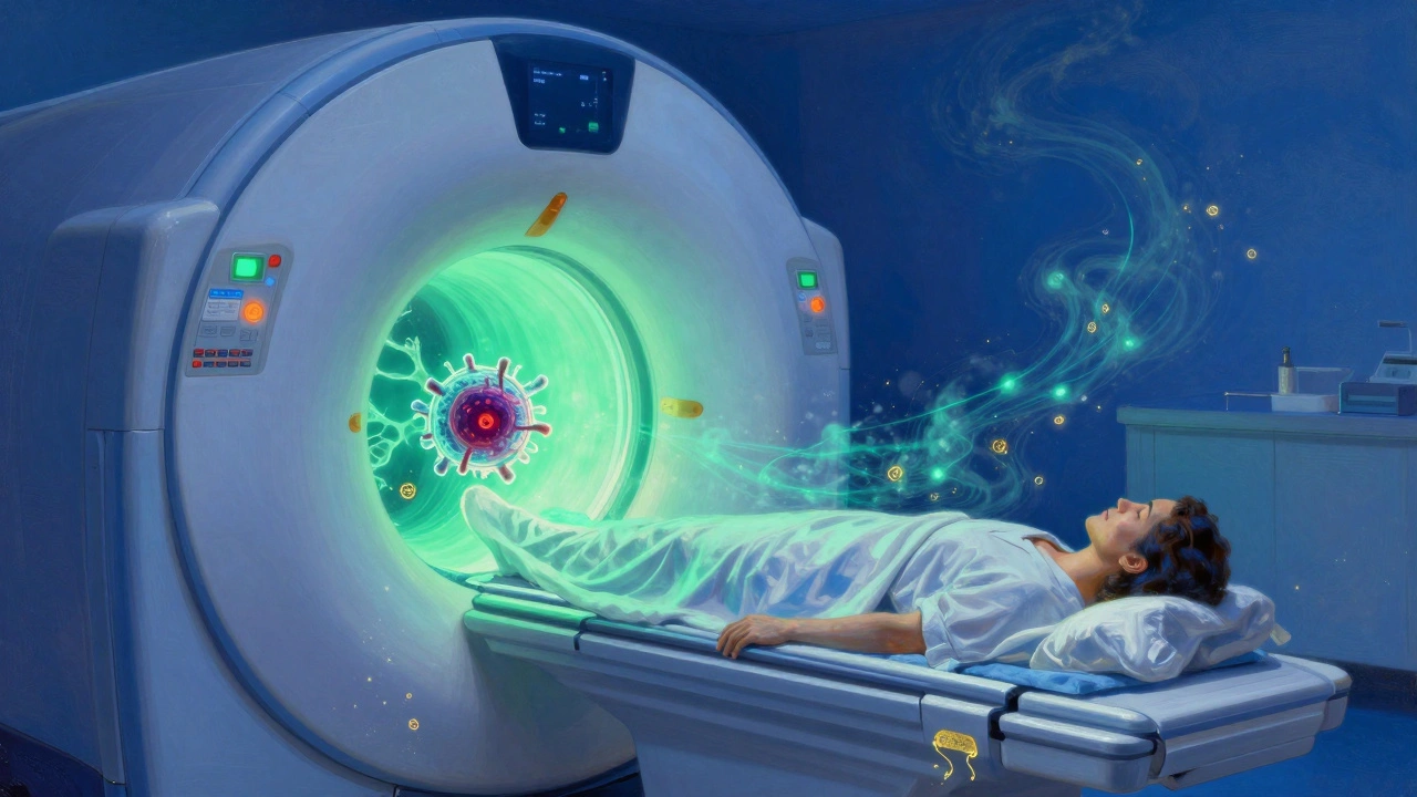 Resonancia magnética mostrando un tumor prostático con campos magnéticos luminosos en tonos azules y esmeraldas.