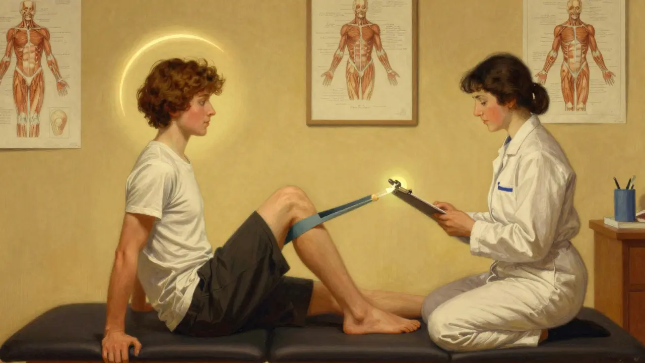 Sesión de fisioterapia con paciente haciendo levantamientos de piernas con bandas de resistencia.