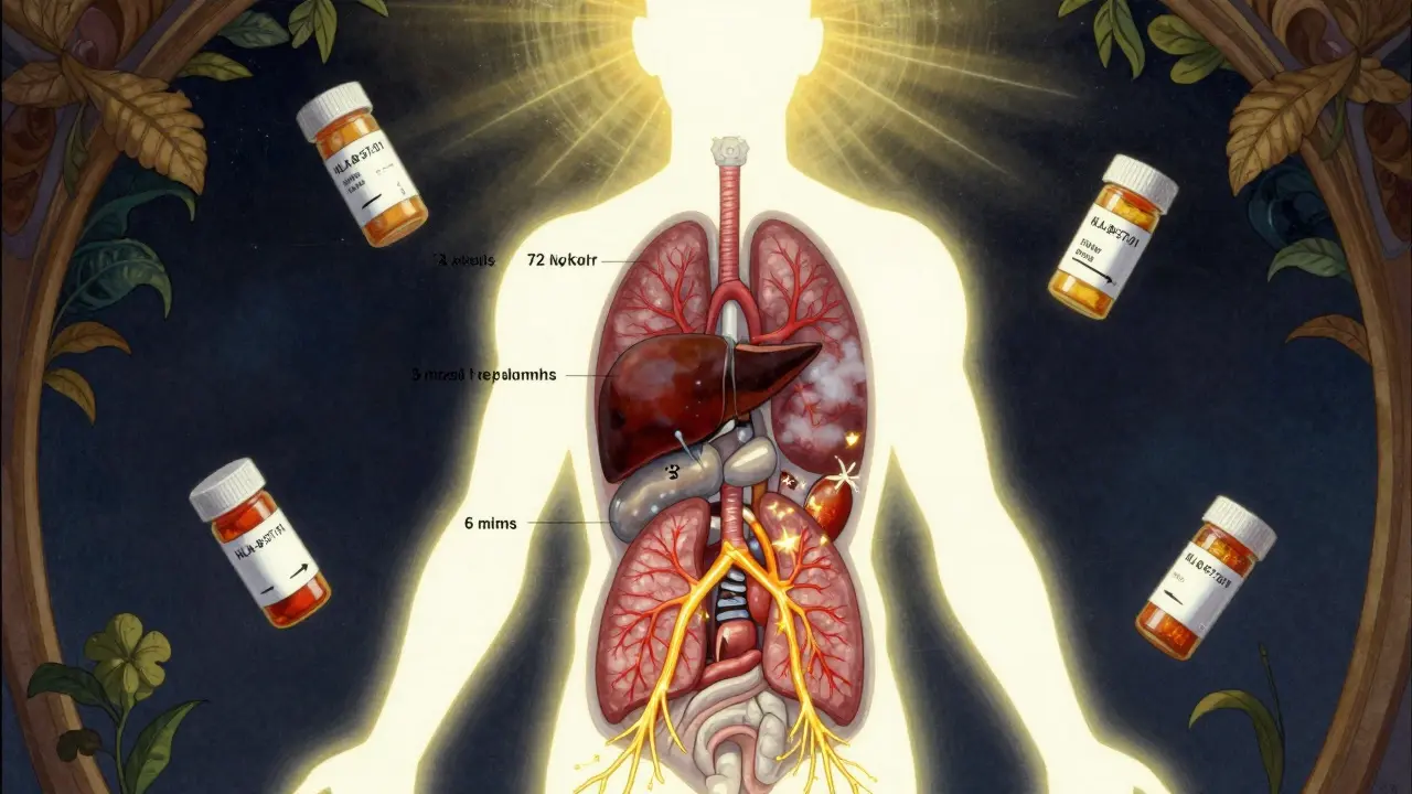 Silueta humana con órganos afectados por medicamentos en diferentes etapas, iluminada con luz dorada.