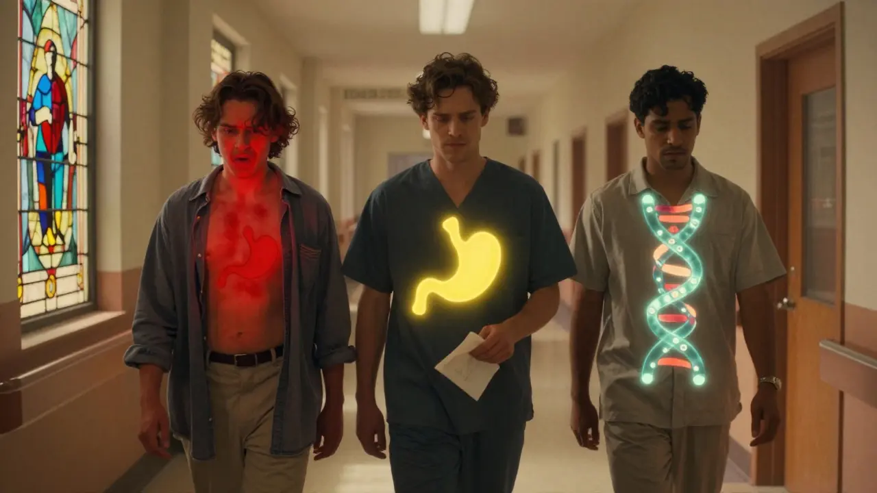 Tres figuras representando reacciones adversas en un pasillo hospitalario con luz cálida.