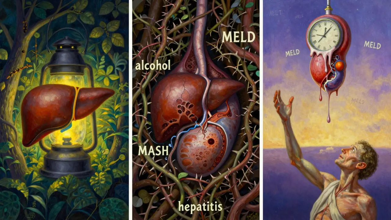 Triptico simbólico de la progresión de la cirrosis: hígado sano, dañado y trasplante en cielo crepuscular.