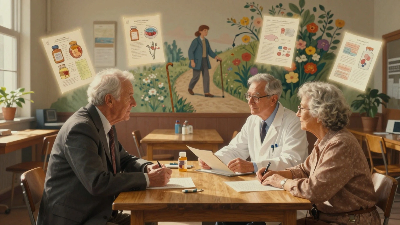 Un farmacéutico, médico y pareja mayor revisan medicamentos en una sala iluminada por luz solar cálida.