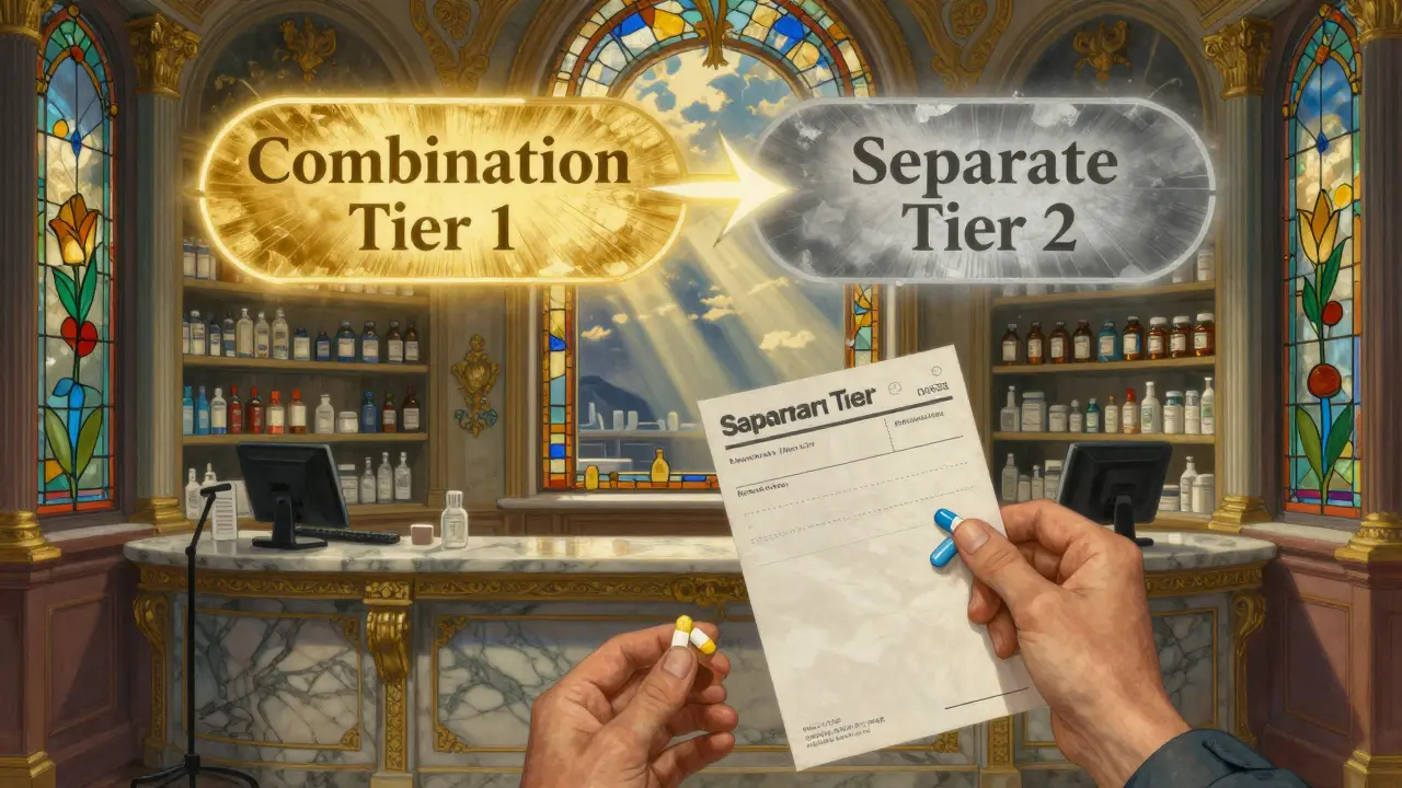 Un paciente frente a una farmacia ornamental con un gráfico de costos iluminado por la luz del sol.