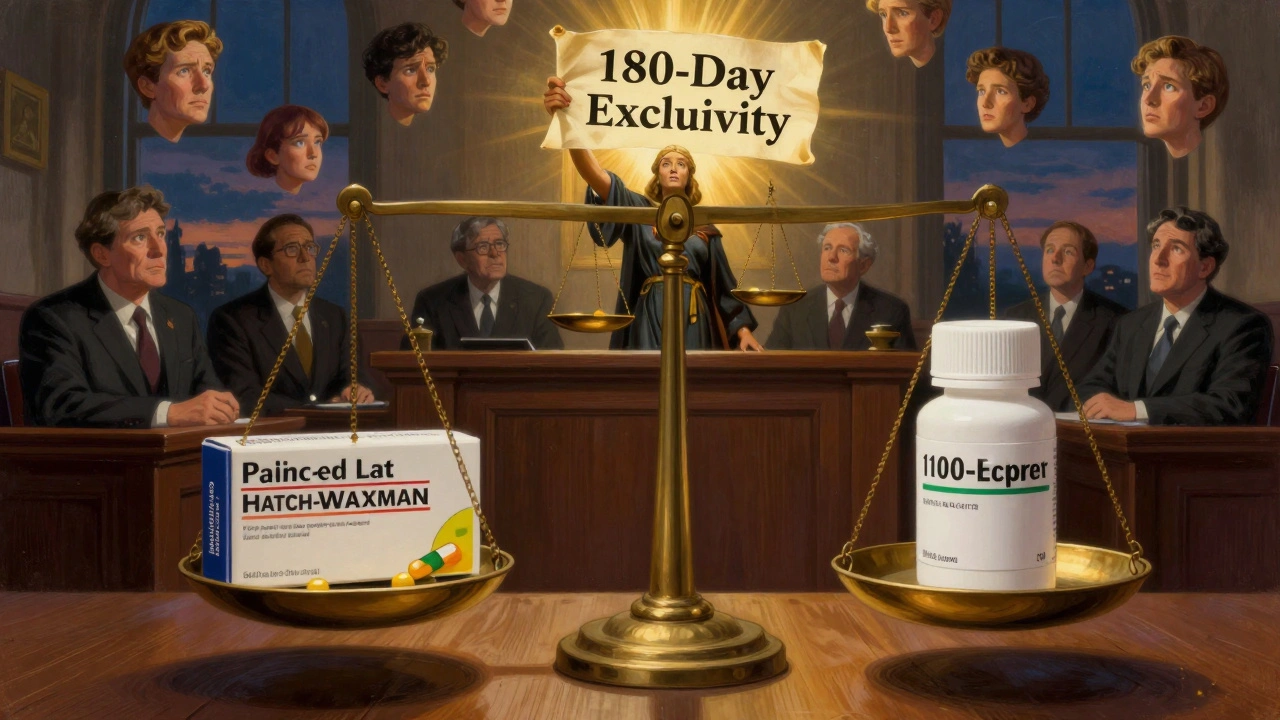 Una balanza gigante equilibrando un medicamento de marca y su genérico autorizado, bajo la mirada de figuras corporativas y un símbolo de justicia brillante.