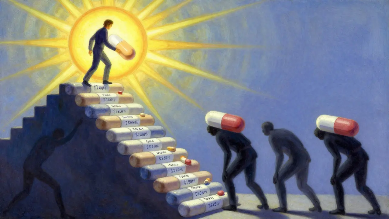 Una figura sube una escalera de pastillas, con una pastilla combinada brillante en la cima y otros cargando pesos pesados abajo.