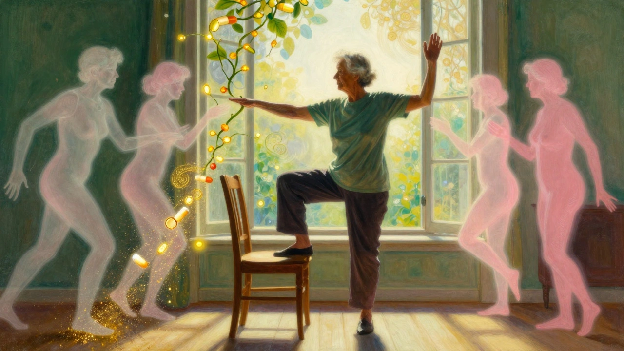 Una mujer mayor hace ejercicios de equilibrio mientras medicamentos peligrosos se disuelven en polvo dorado.