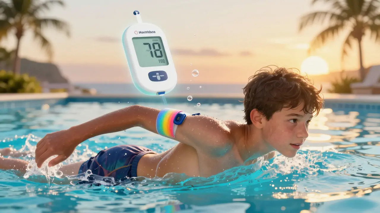 Adolescente nadando con bomba de insulina tipo parche, agua brillante y niveles de glucosa flotantes.