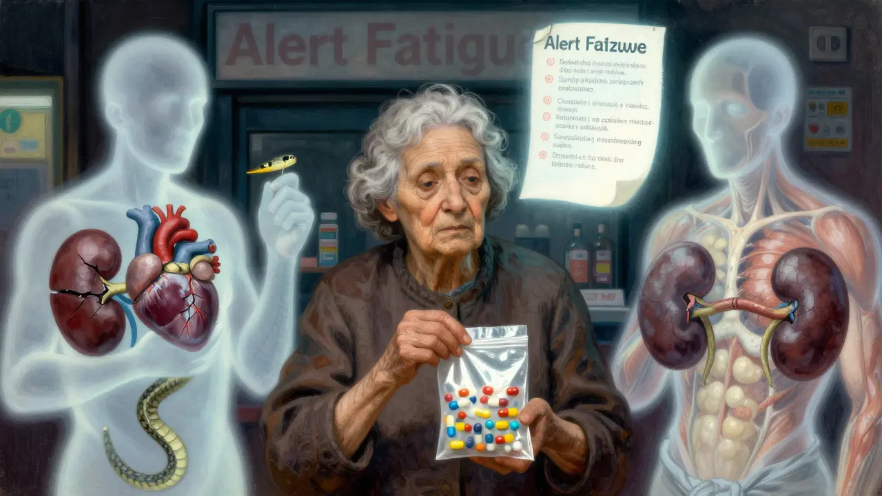 Anciana con medicamentos y figuras fantasmales representando interacciones tóxicas.