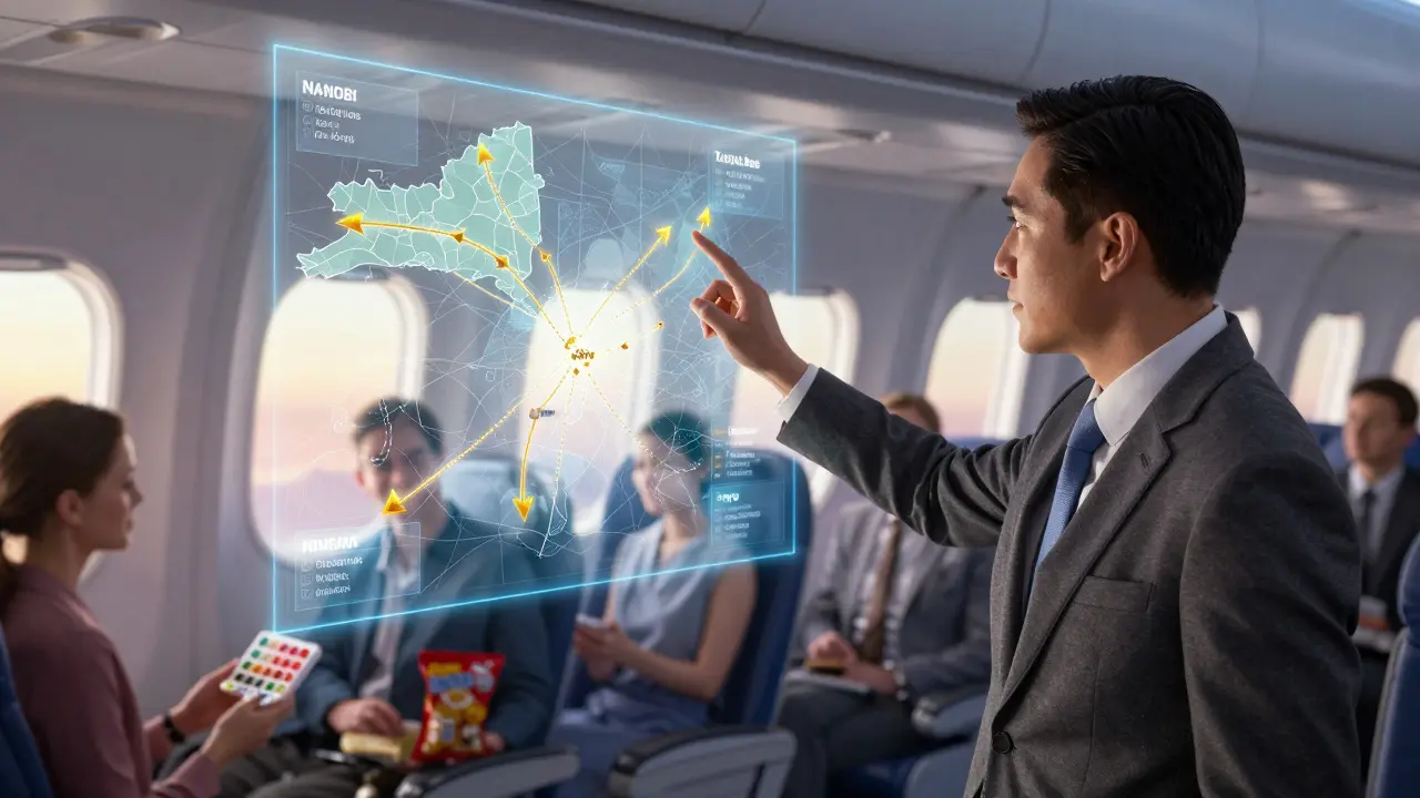 Asesor médico muestra mapa de zonas horarias con flechas doradas para toma de medicamentos.