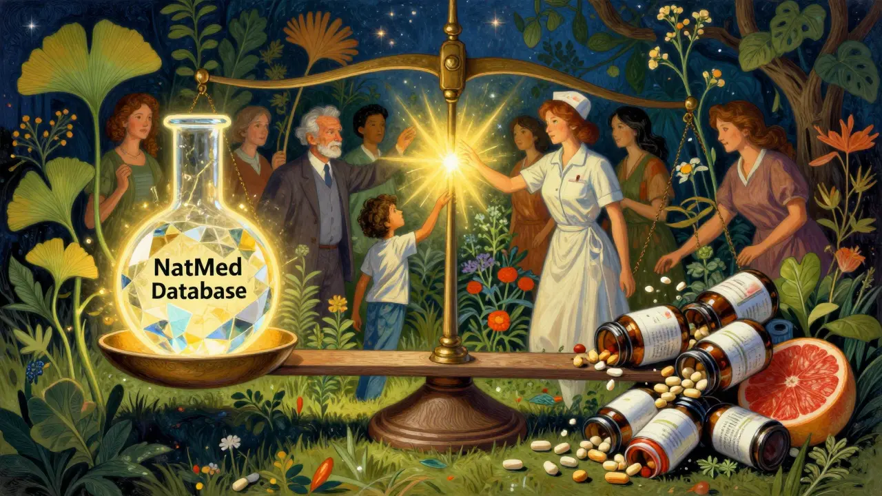 Balanza entre base de datos confiable y suplementos peligrosos, personas alcanzando luz dorada entre hierbas.