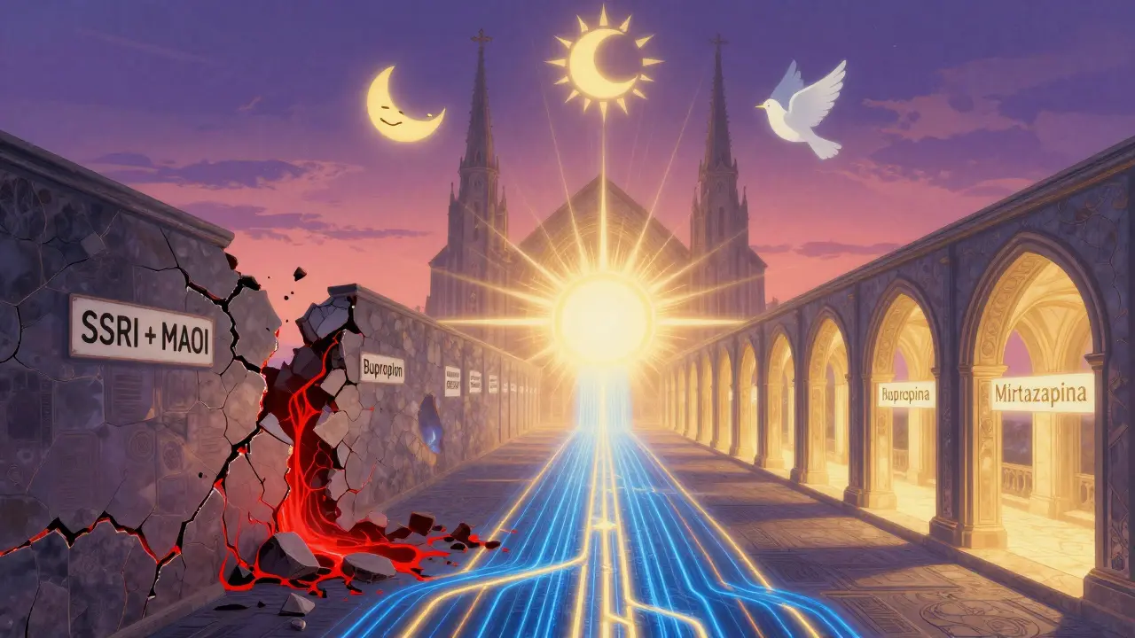 Cerebro como catedral de luz, con caminos seguros y peligrosos marcados por medicamentos y símbolos.