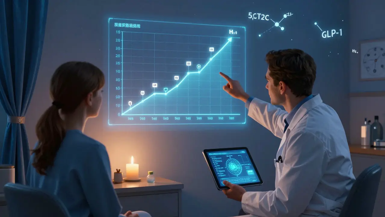 Consulta médica con gráfico de peso y mapa genético iluminado, en ambiente sereno y místico.