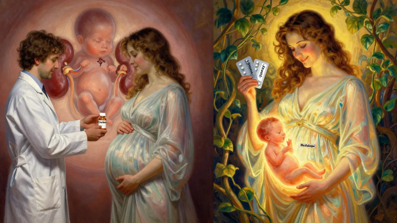 Díptico: mujer recibiendo medicamento peligroso a la izquierda, y medicamentos seguros con feto sano a la derecha.