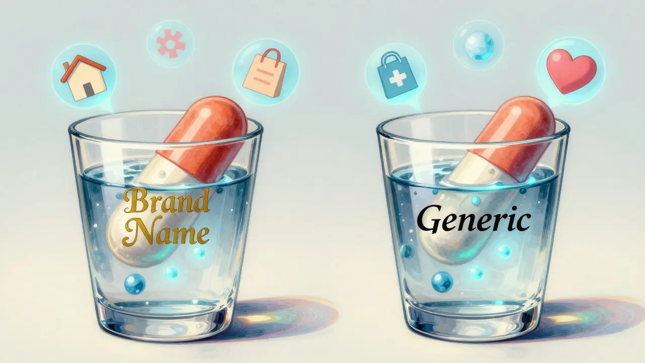 Dos pastillas idénticas disolviéndose en agua, liberando partículas brillantes, con símbolos de ahorro y salud flotando alrededor.