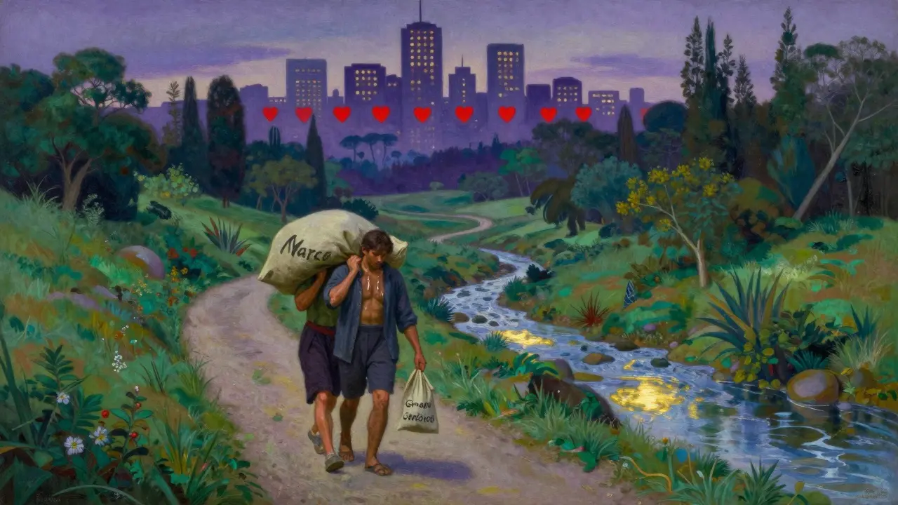 Dos personas caminando por un sendero, una con carga pesada y otra ligera, en paisaje simbólico.