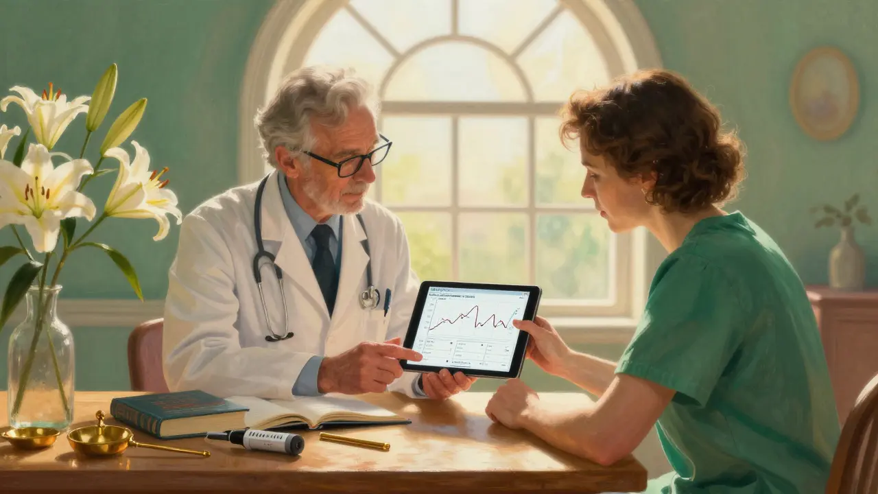 Educador y paciente revisando datos de insulina junto a flores y libros, luz cálida de tarde.