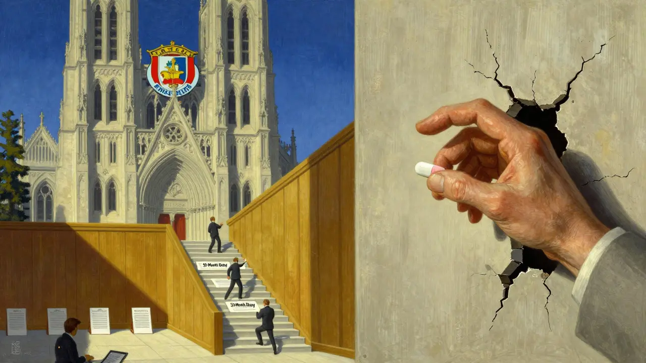 Empresas farmacéuticas enormes bloquean a pequeños fabricantes de genéricos con documentos legales en una escalera.