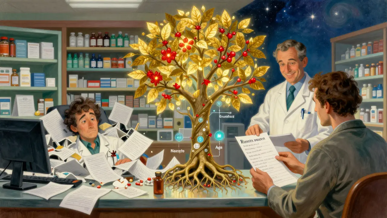 Escena dividida: farmacia caótica vs. revisión segura con árbol digital de alertas.