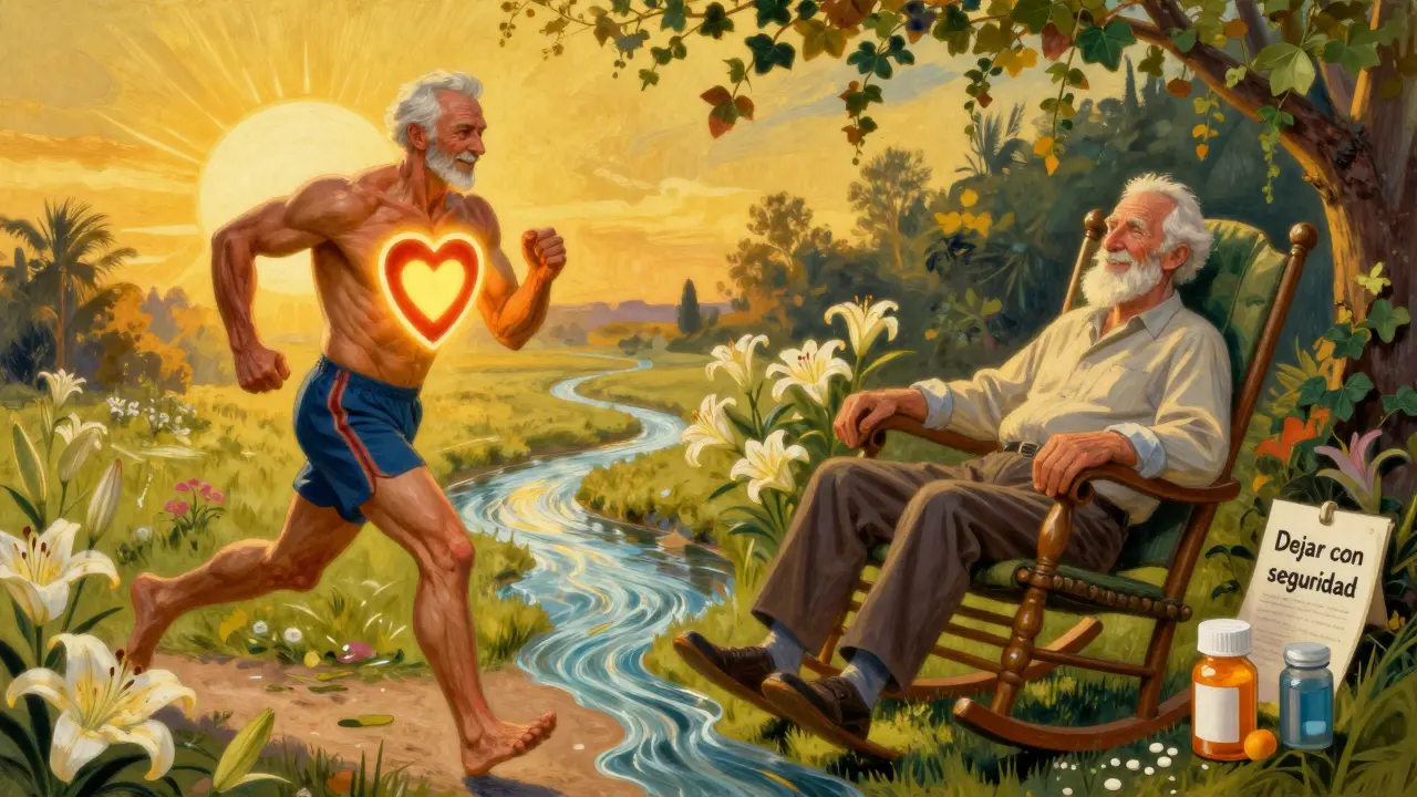 Escena dividida: un hombre mayor activo bajo el sol y otro tranquilo en una mecedora, con botellas vacías y flores alrededor.