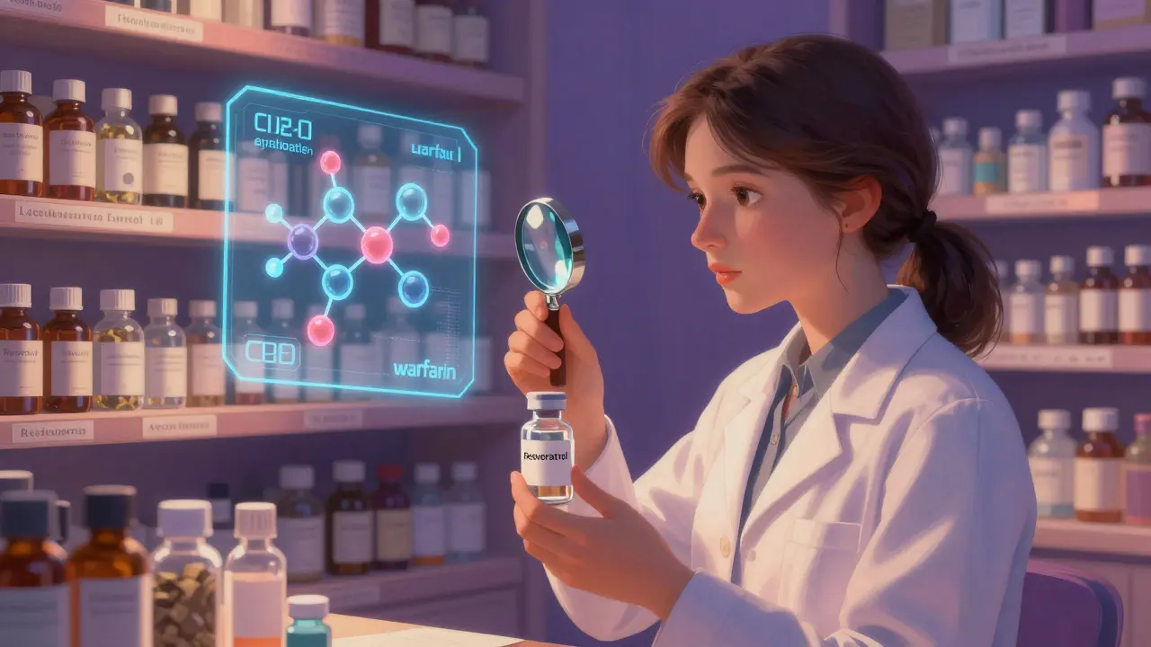 Farmacéutico con lupa examinando resveratrol, estructuras moleculares brillantes y estantes de hierbas.