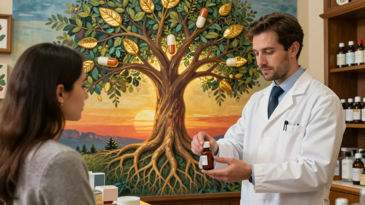 Farmacéutico en farmacia española entregando un medicamento genérico bajo luz cálida.