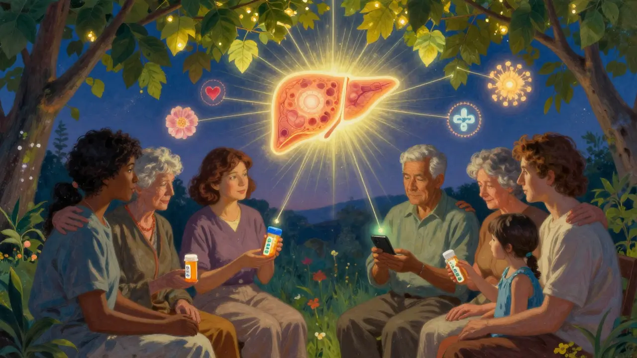 Grupo de pacientes conectados por hilos de luz a un hígado radiante, rodeados de elementos botánicos y herramientas de adherencia.