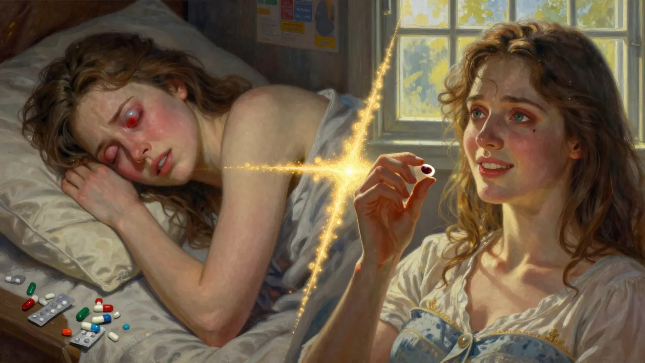 Mujer antes y después del tratamiento: de dolor a visión restaurada, con medicamentos seguros.