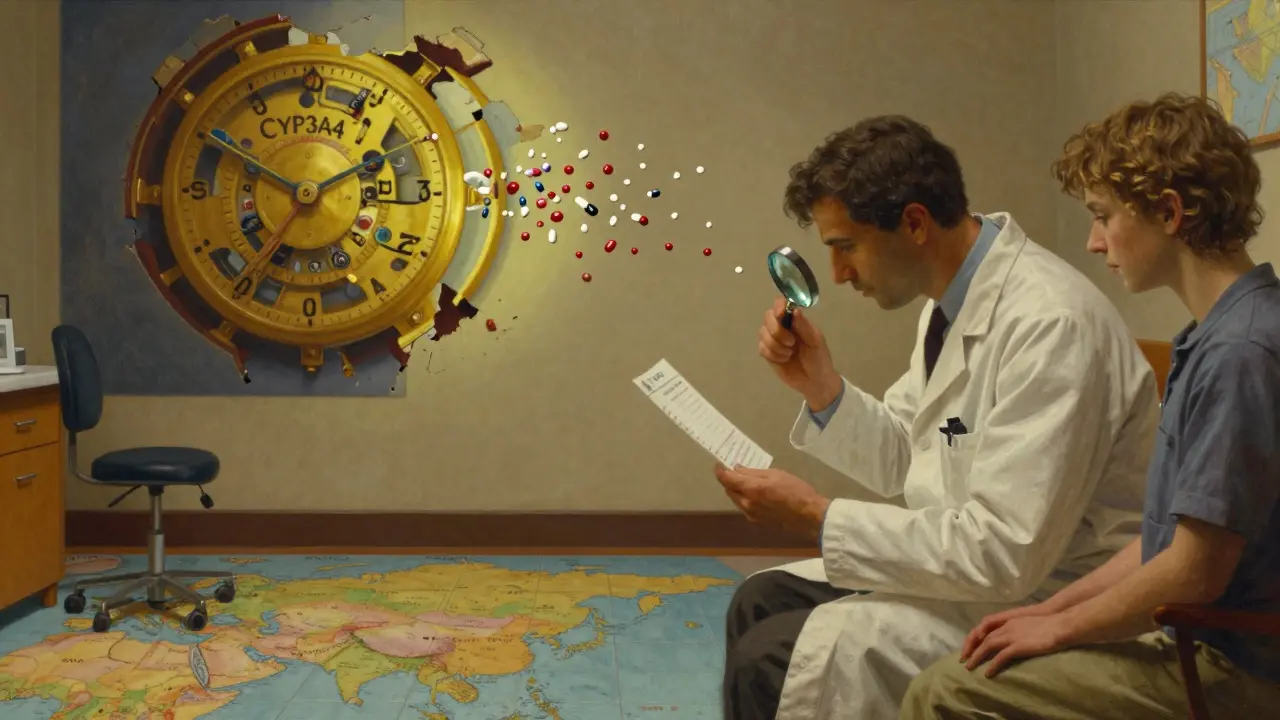 Neurólogo examina un análisis de sangre mientras un mecanismo enzymático se descompone en el mural.