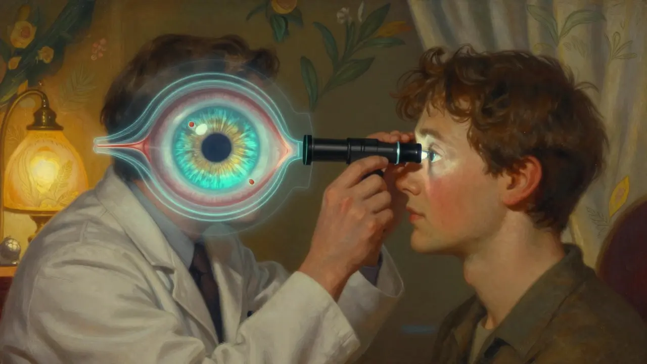 Oftalmólogo realiza gonioscopia con láser, iluminando el ángulo ocular con luz dorada.