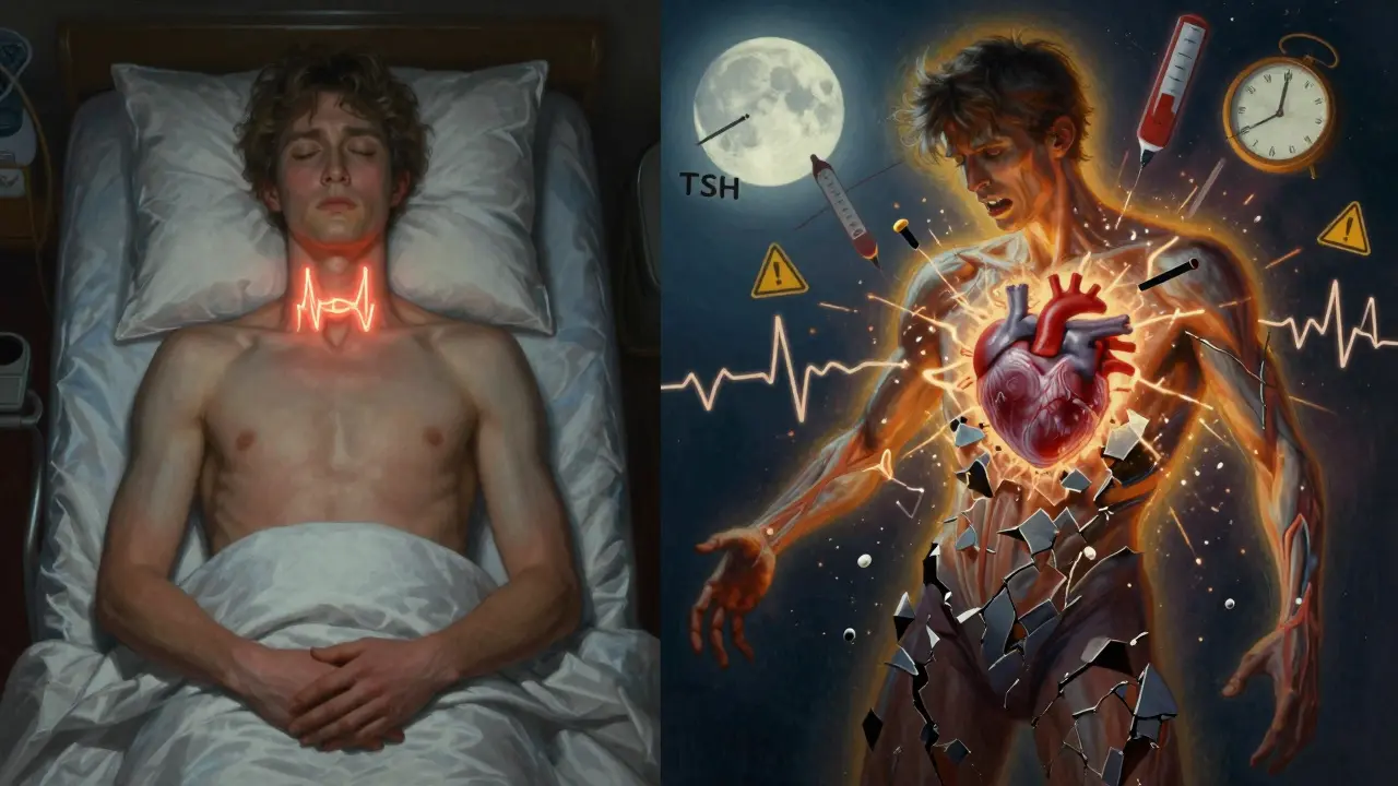 Paciente dividido entre calma y ansiedad, con símbolos médicos flotantes en luz lunar.